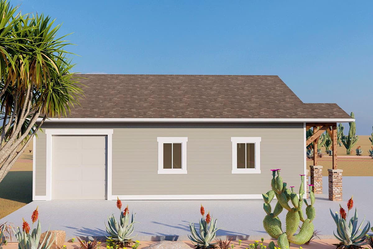 House plan exterior: single-story building with attached garage, two windows, and a covered porch with stone pillars.