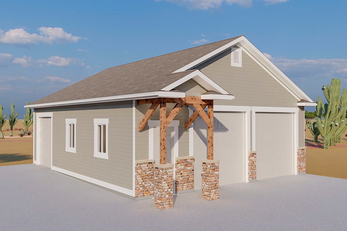 House plan exterior: One-story building with a two-car garage, single-car garage, stone-clad entry columns, and a gable roof.