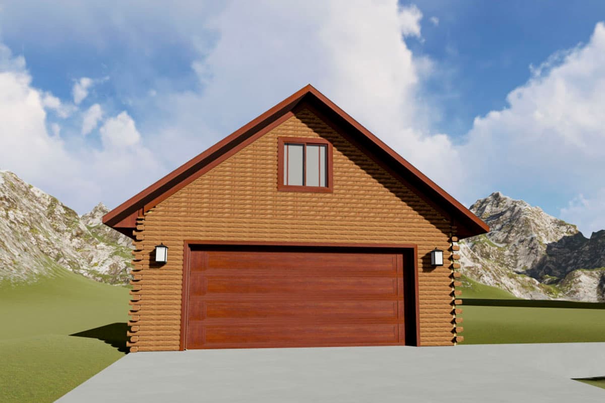 House plan exterior. One-story garage with gable roof, centered garage door, and small rectangular window.  Wood-look siding and trim.