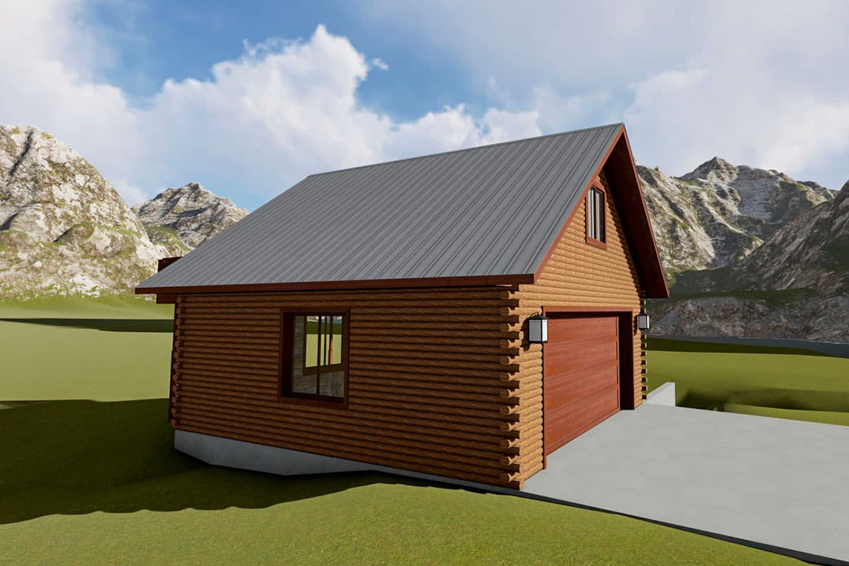 Log cabin house plan exterior with metal roof, single garage door, and one upper window in the gable.