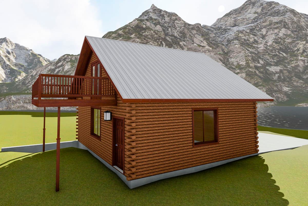 Log cabin house plan exterior with elevated deck, standing seam metal roof, and prominent gables.