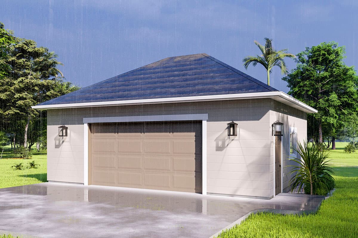 House plan exterior with gable roof, single-car garage, and exterior wall-mounted light fixtures. Features a flat roof with a small window.