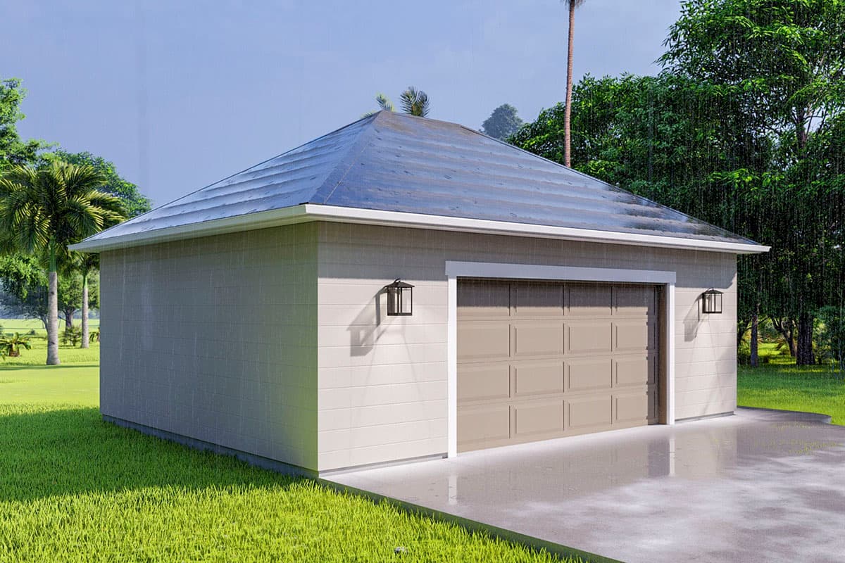 House plan exterior: One-story garage with a hip roof, horizontal siding, and a double garage door.