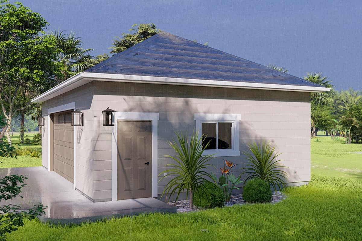 House plan exterior: One-story structure with a single garage door, a side door, and a single window.