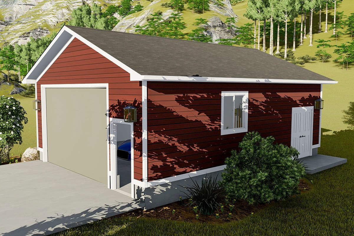 House plan exterior: One-story building with a large garage door, a side door, and a single window.