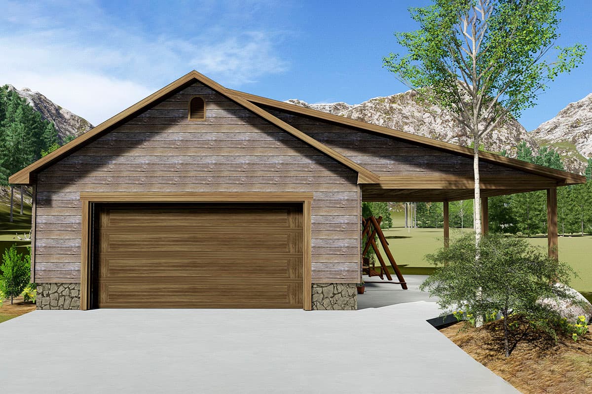 House plan exterior. One-story garage with gable roof and attached carport. Exterior features include stone foundation accents and wood siding.