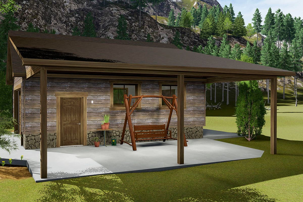 House plan exterior: Single-story log-sided home with covered porch, wooden swing, and stone foundation.