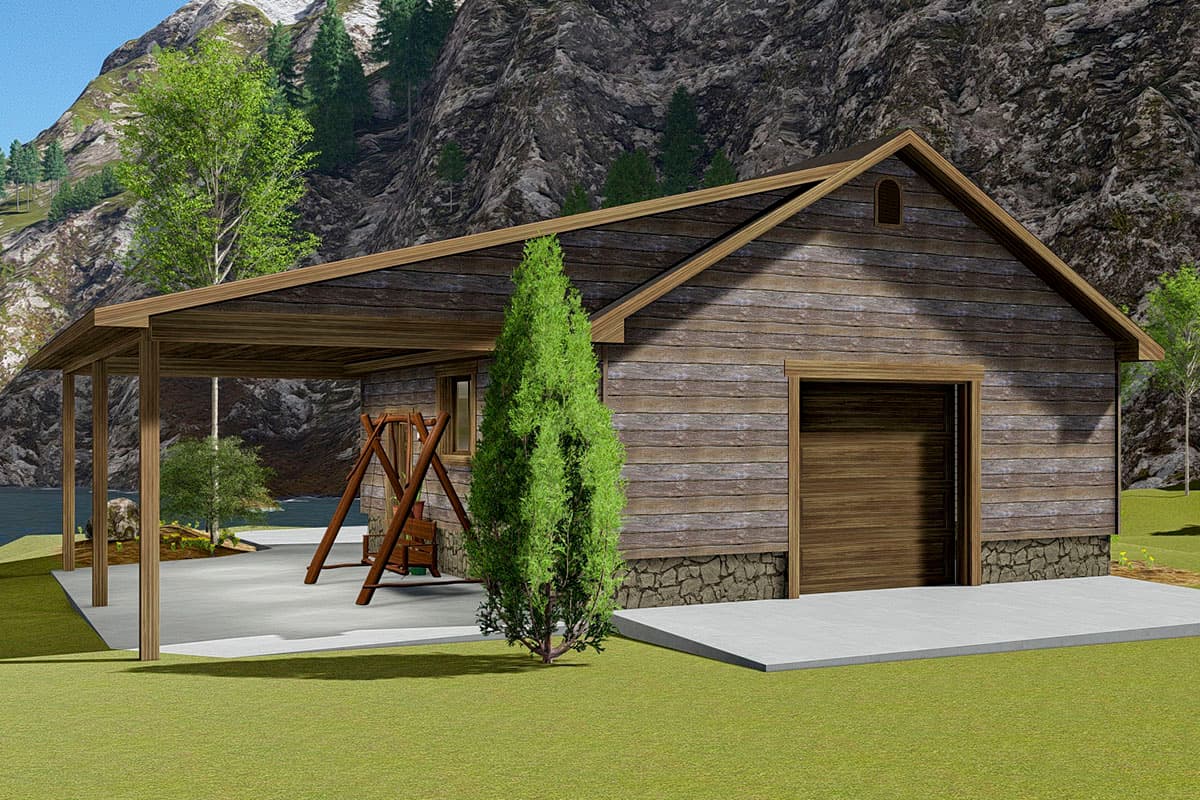 House plan exterior with wood siding, detached garage, and covered carport with swing.