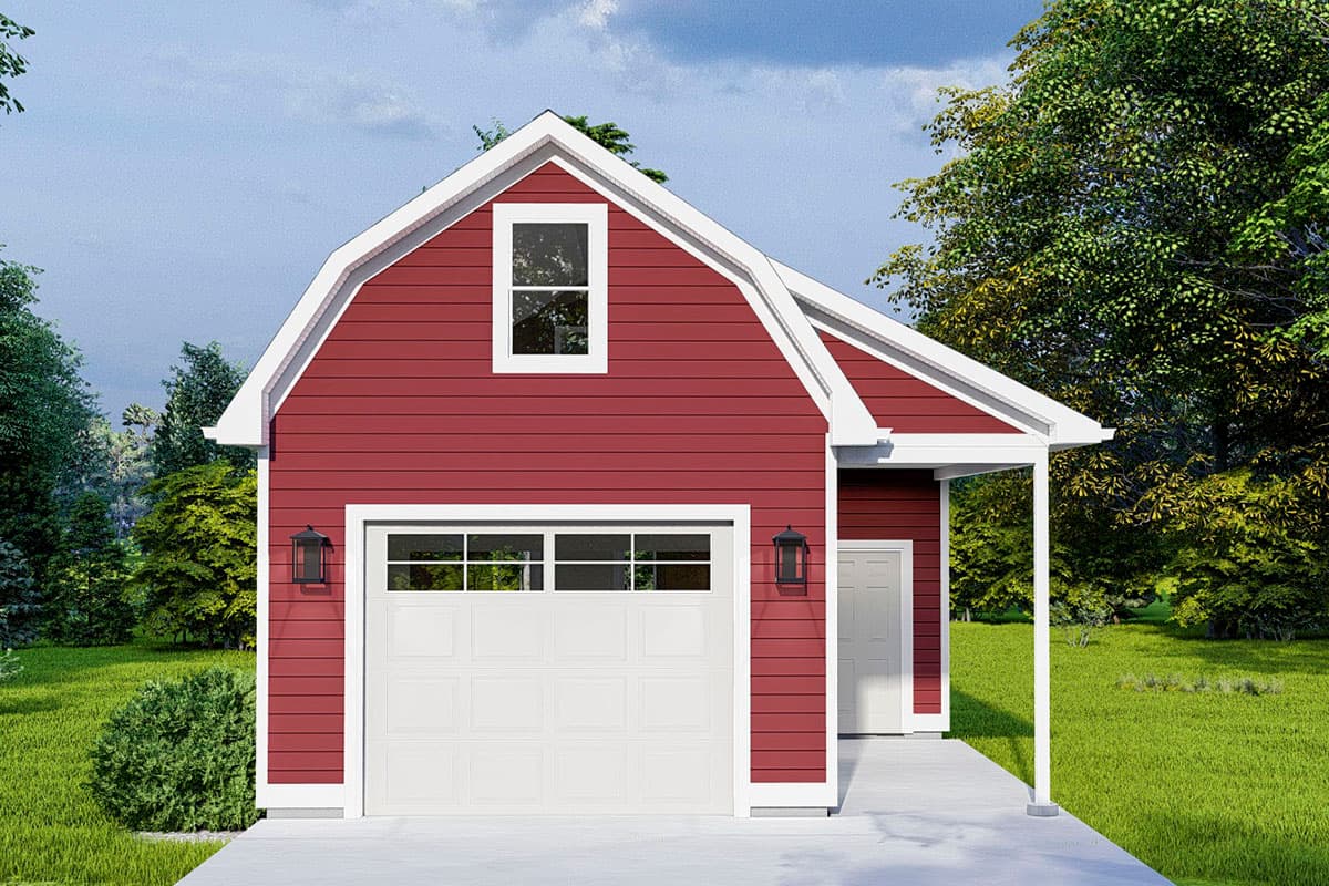 House plan exterior with barn-style roof and small porch. Features include a garage door, a shed dormer, and horizontal siding.