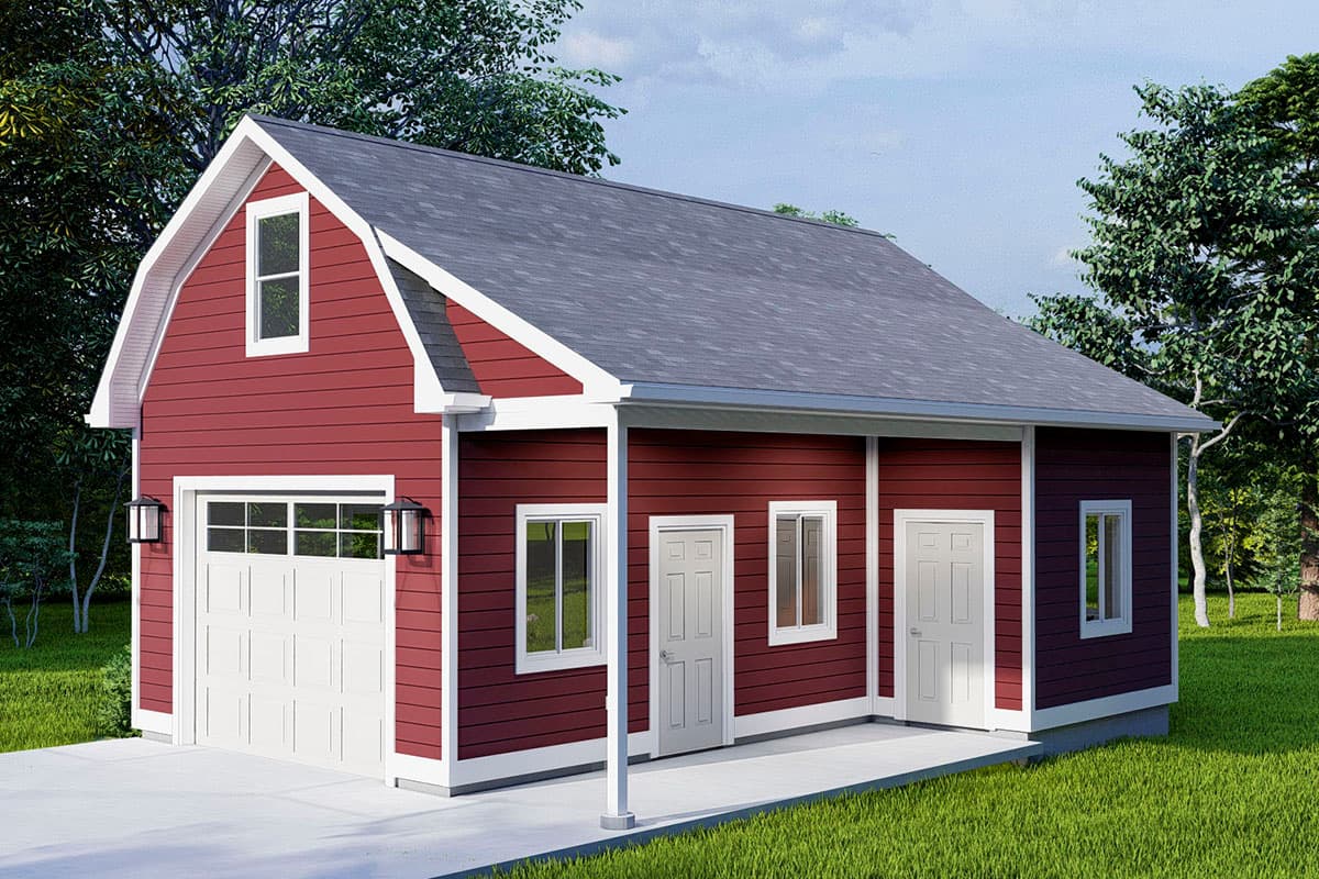 House plan exterior: Gambrel roof garage with one large bay, two pedestrian doors, and three windows.