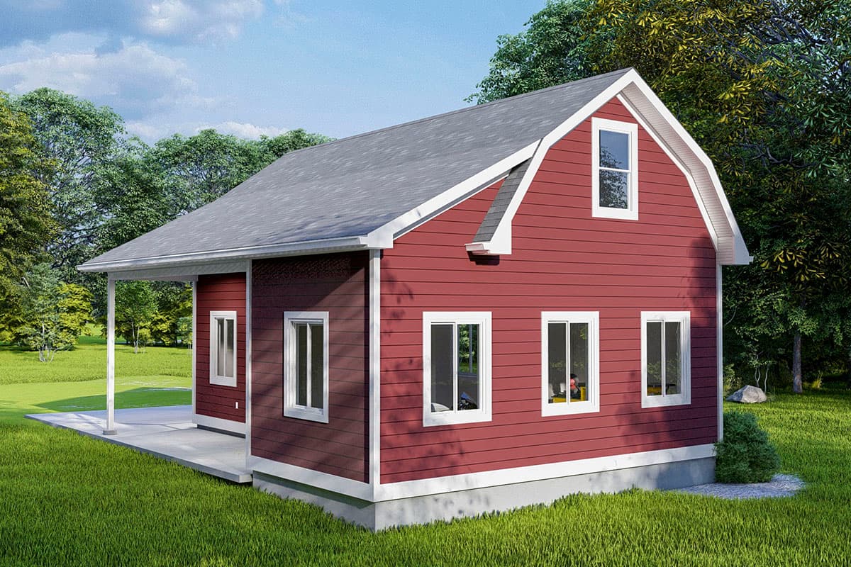 House plan exterior: Two-story Gambrel style home with a covered porch, red siding, and white trim.