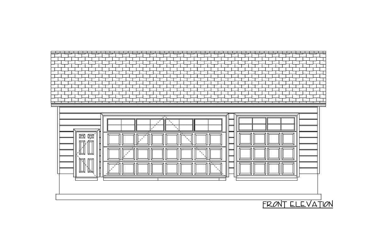 Front elevation drawing of a garage with a single door and two large garage doors with divided lights.