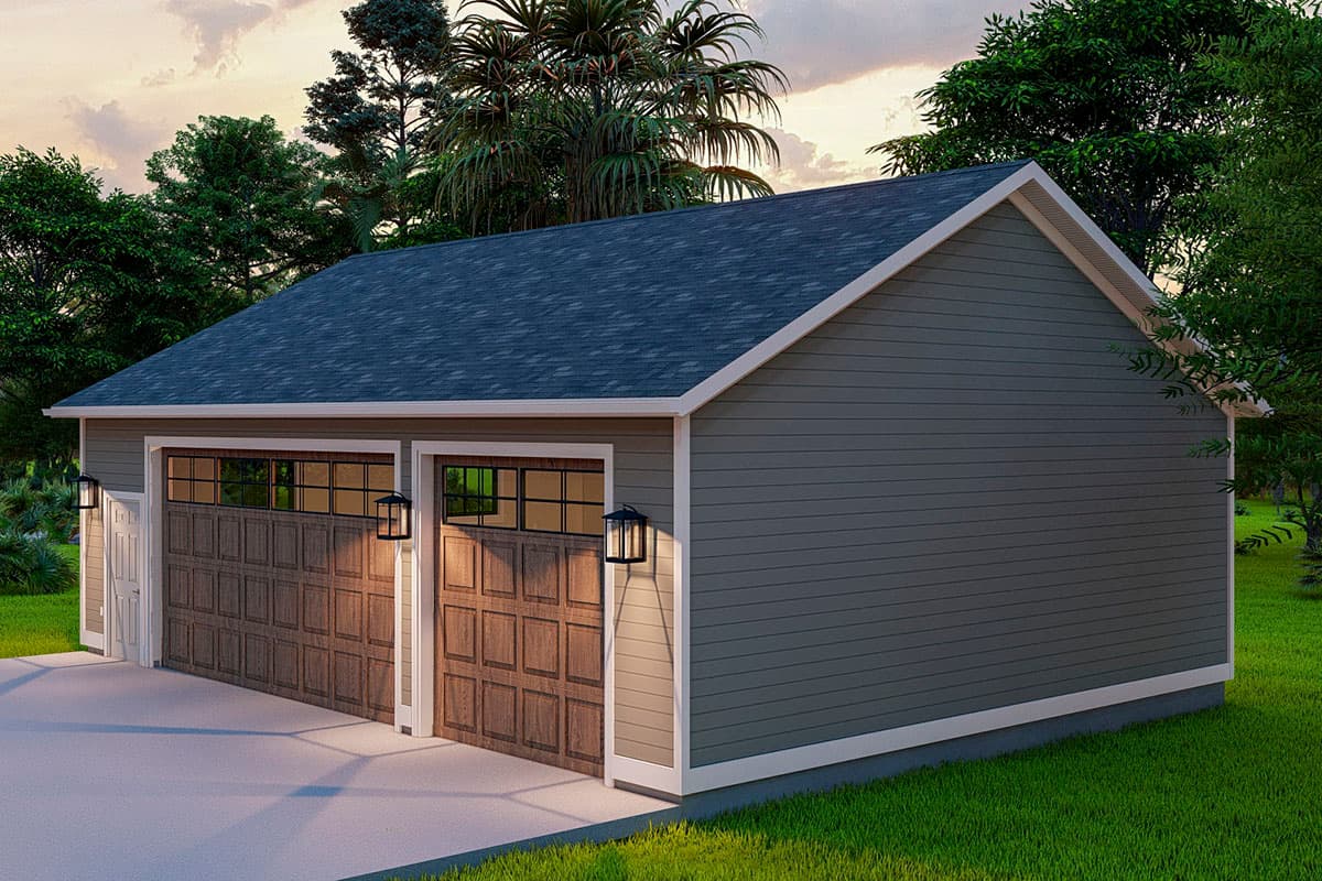 Two-car garage with paneled doors featuring window panels, gable roof, and horizontal siding.