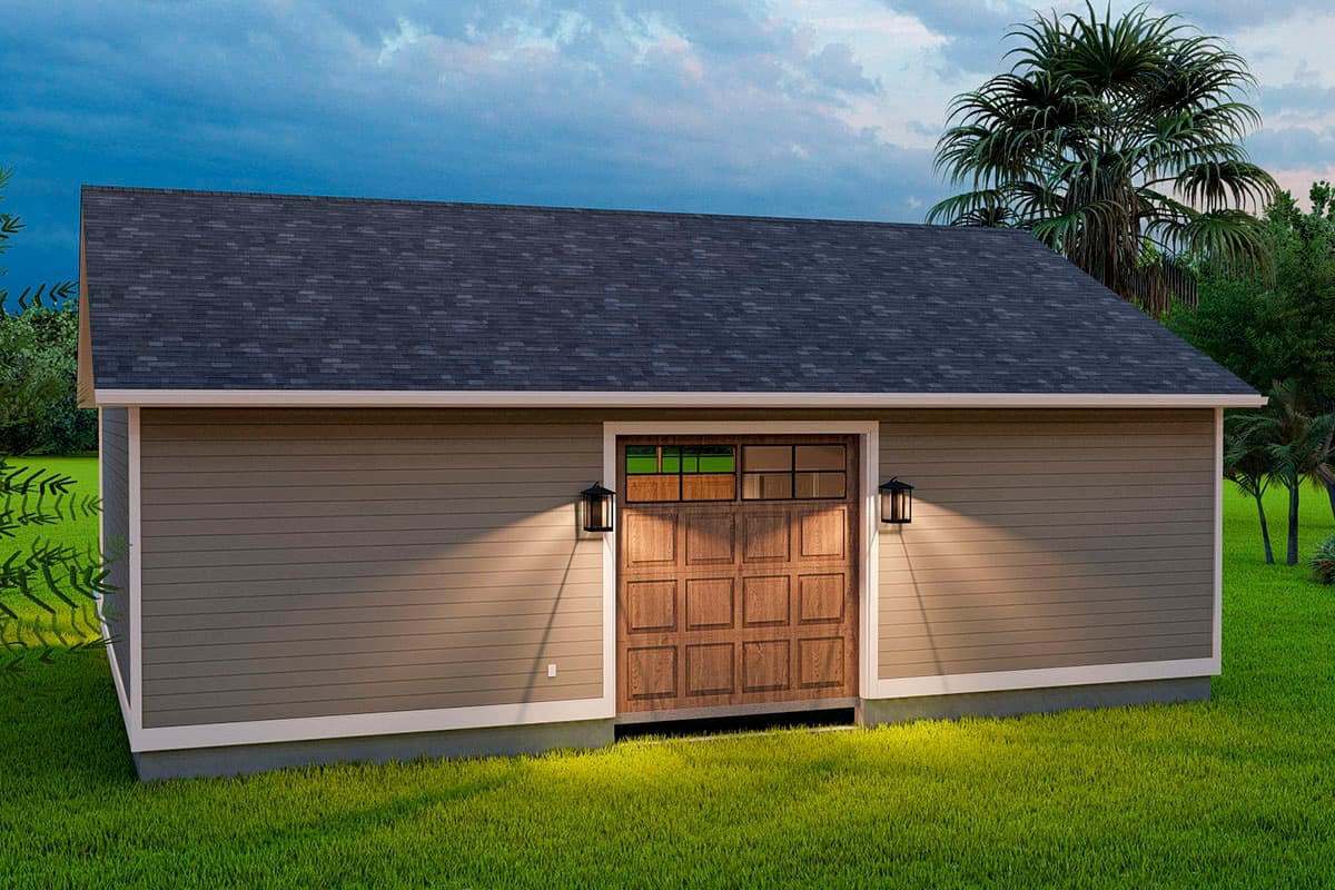 One-story house plan exterior with a prominent wooden garage door and two wall-mounted lanterns.