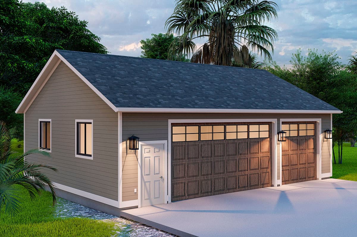 House plan exterior: One-story, gable roof, siding, double garage doors with windows, single entry door, two windows.