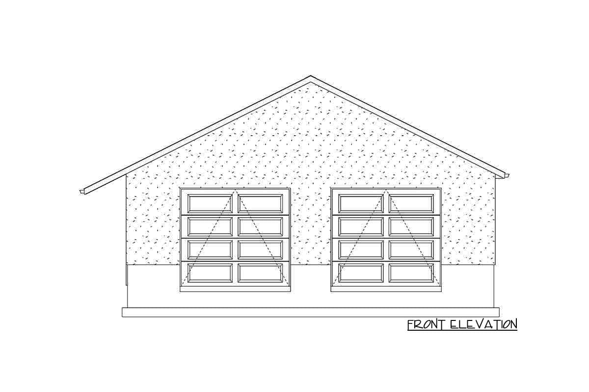 Front elevation drawing of a house with a gable roof and two large multi-panel garage doors.
