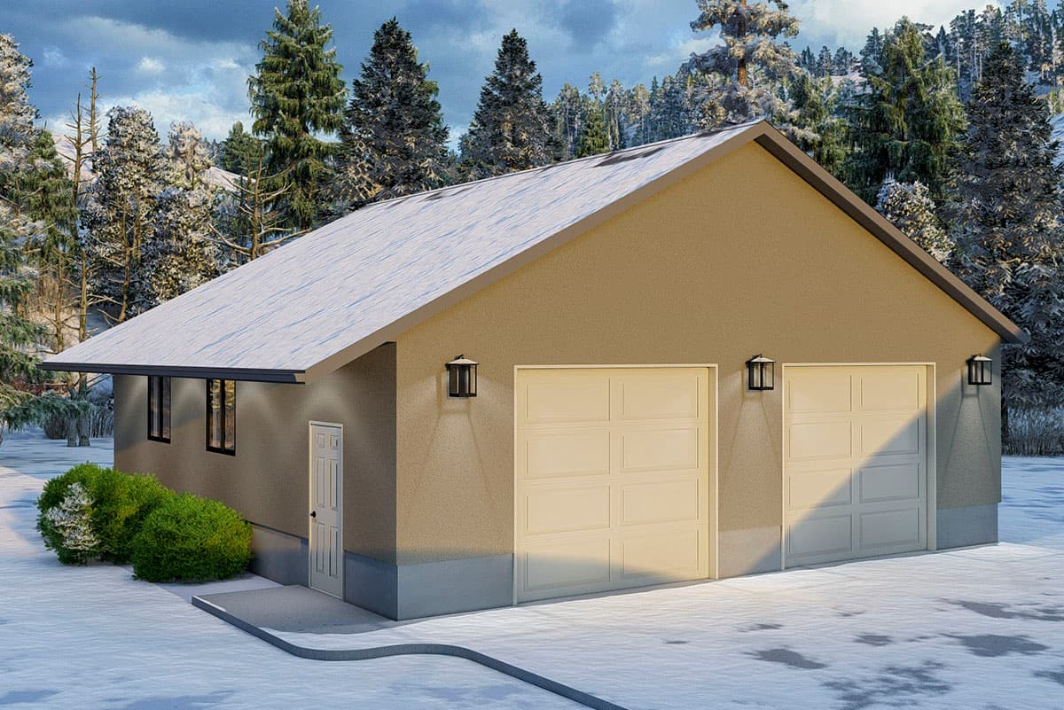 House plan exterior. Two-car garage with gabled roofline and two windows. Includes a side door and exterior lighting fixtures.
