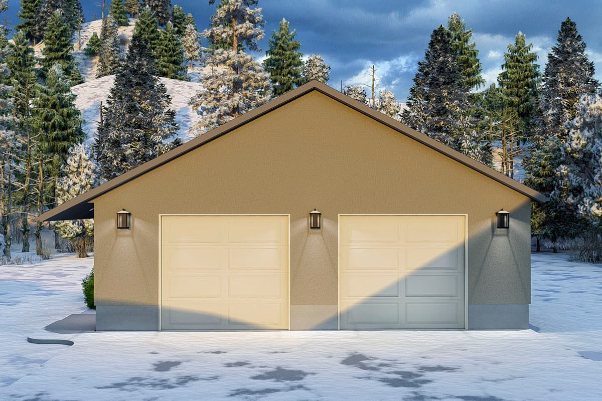 House plan exterior showing a two-car garage with gable roof, stucco siding, and dual garage doors.
