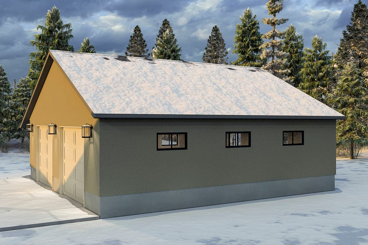 House plan exterior of a three-car garage with a gabled roof, stucco siding, and three windows along the side.