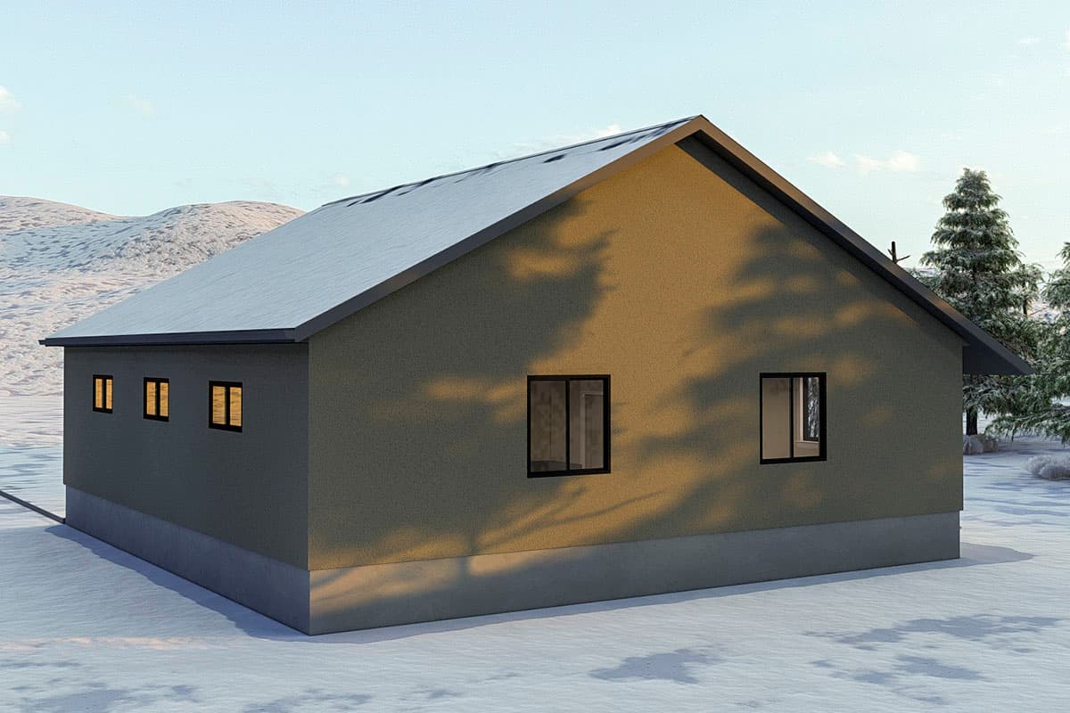 House plan exterior: single-story structure with a gabled roof, stucco siding, and multiple windows.