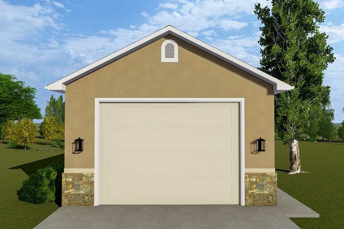 House plan exterior. Garage with gable roof, stone accents, and a vent above the garage door. Includes a concrete driveway.