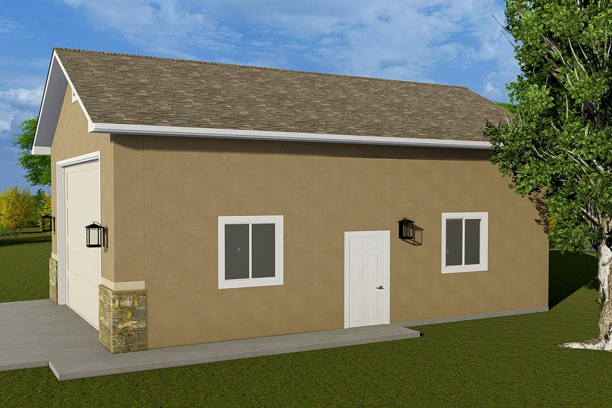 House plan exterior: One-story structure with gable roof, garage door, single entry door, and two windows.