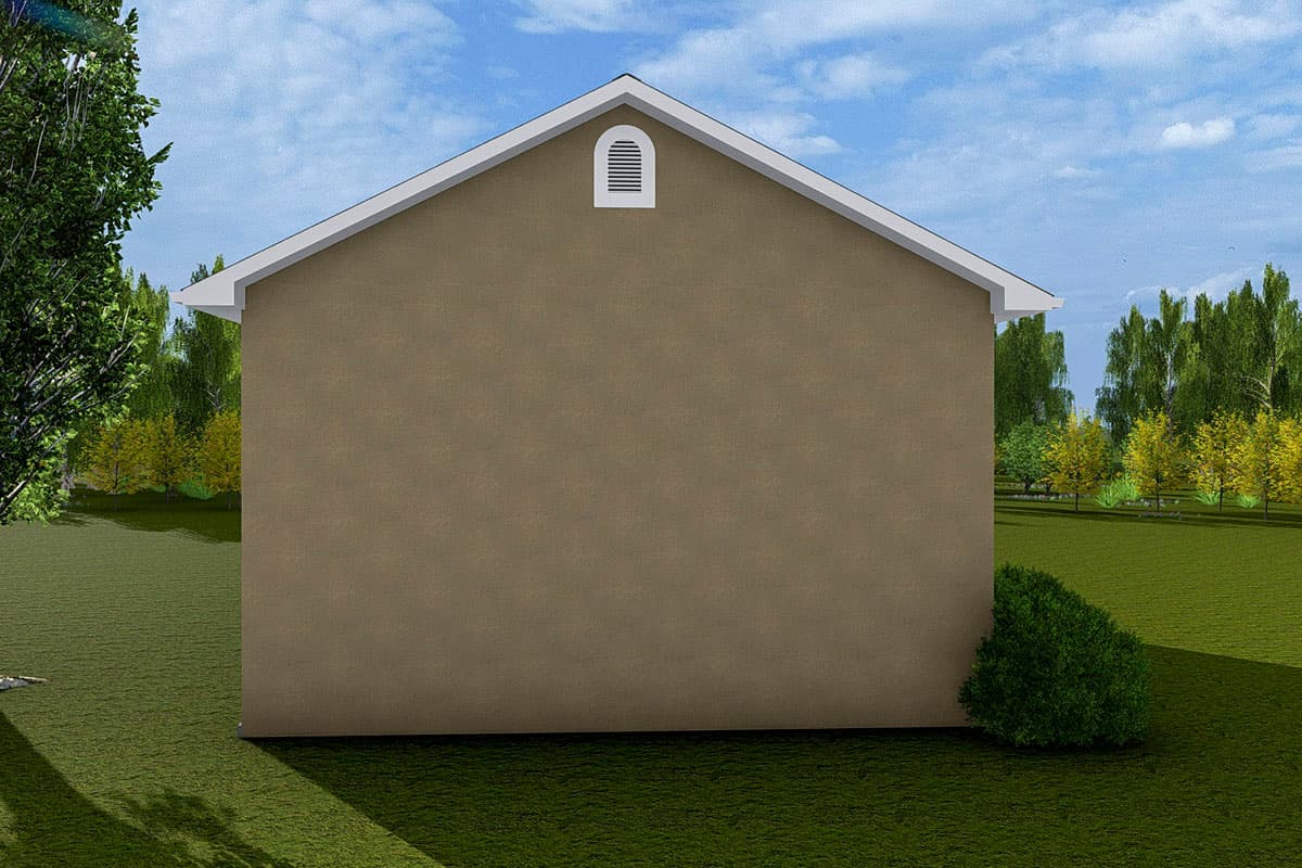 House plan exterior, gable roof with white trim and arched vent, tan stucco siding, set on a grassy lawn with trees.