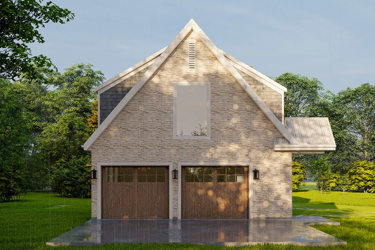 House plan exterior: Two-story Modern Farmhouse design with stone facade, twin carriage garage doors, and prominent gable.