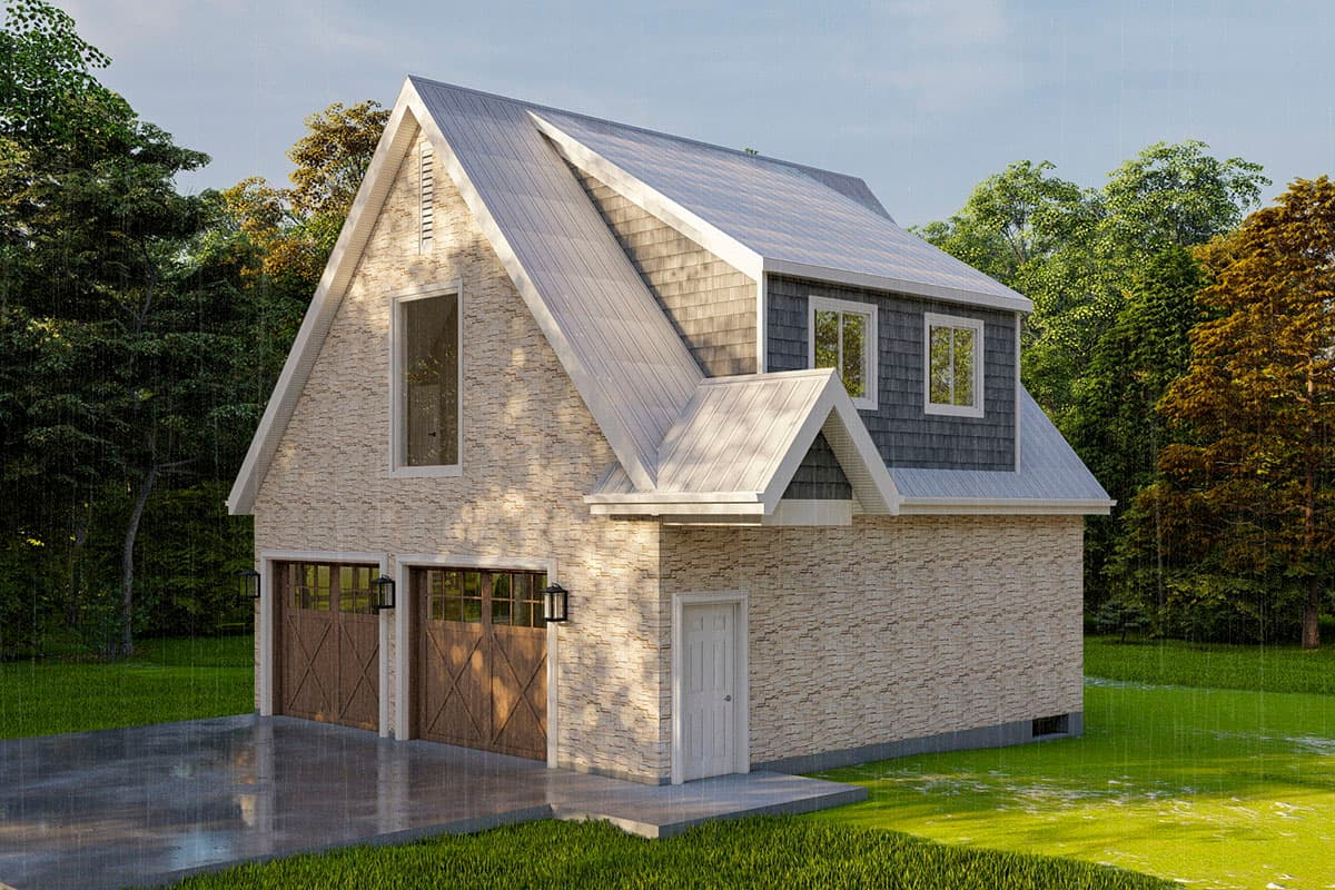 House plan exterior with two stories, gabled roof, dormers, and two-car garage with cross-buck doors.