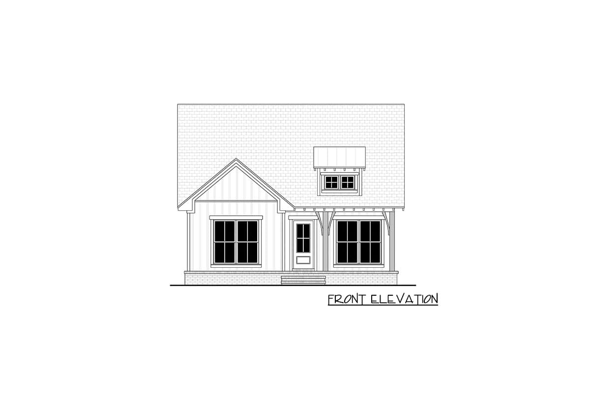 Front elevation drawing of a one-story house plan with a gable, dormer, and covered front porch.