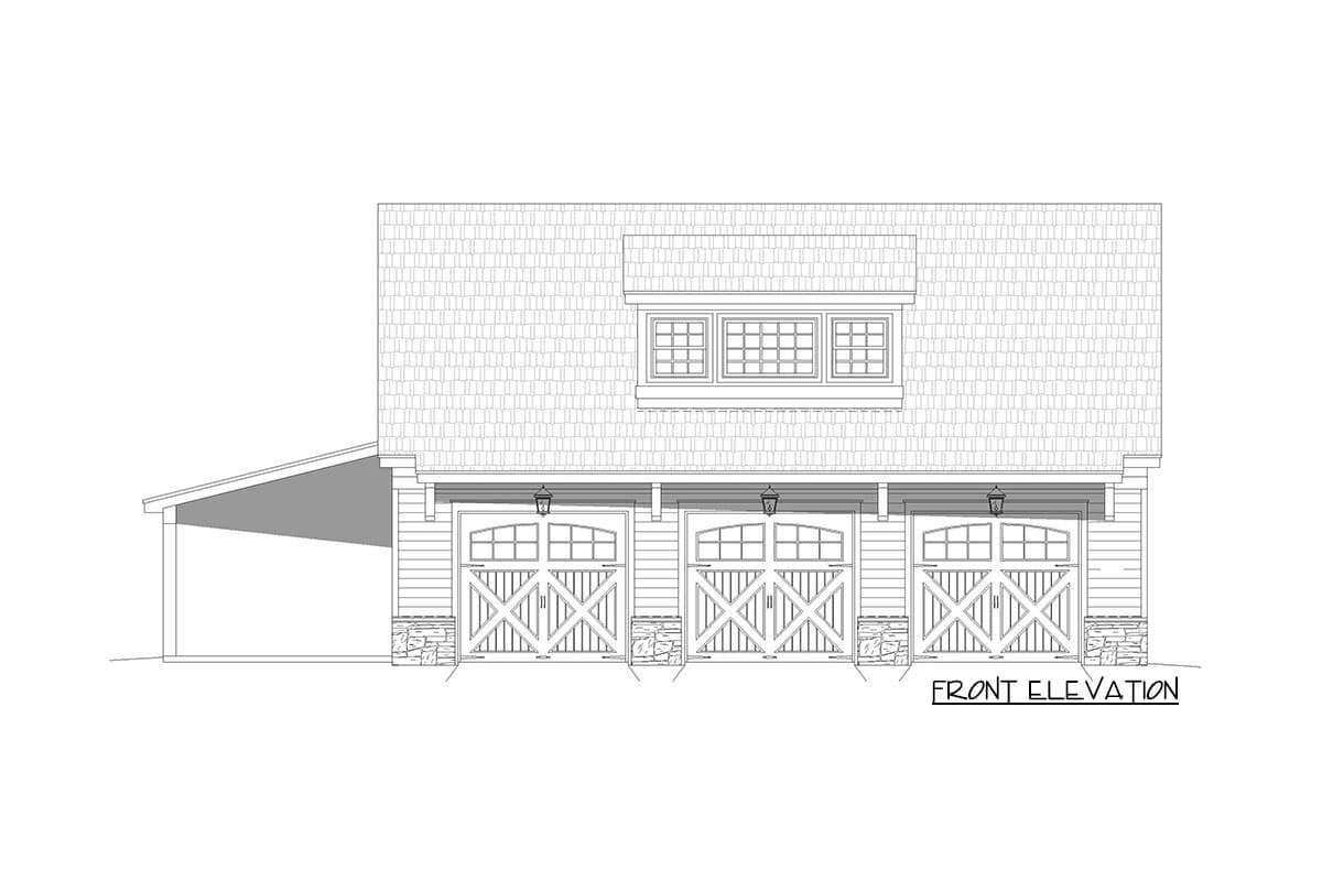 Front elevation drawing of a garage with three doors, stone accents, and a dormer window.