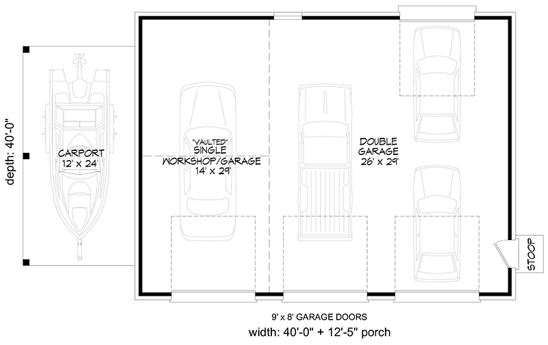 Plan 68761VR: 3-Car Detached Garage with a Drive-through Bay and a Carport - Floor Plan - Main Level - Country, Farmhouse, Traditional