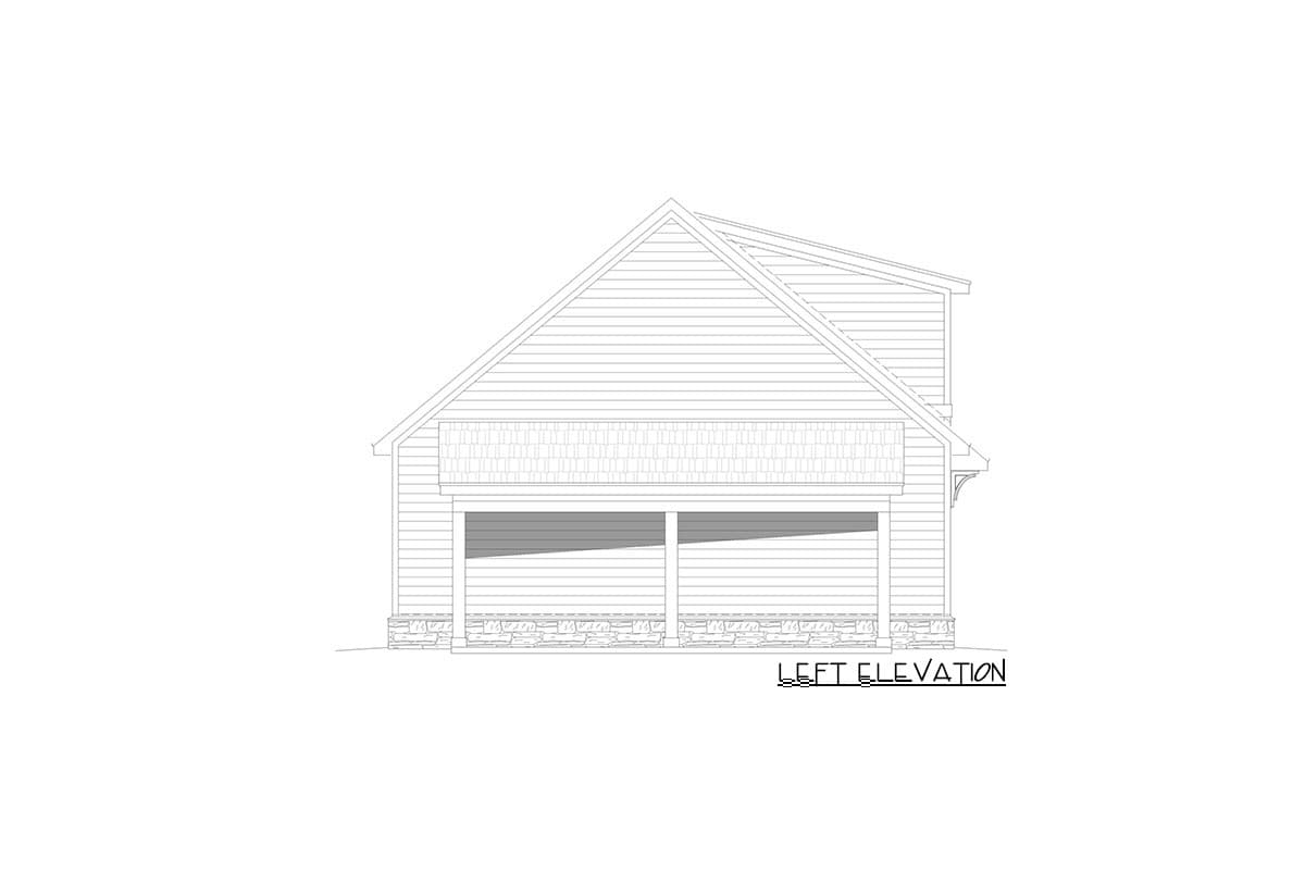 Left elevation drawing of a house plan featuring horizontal siding, stone foundation, covered porch with decorative trim, and a gable roof.