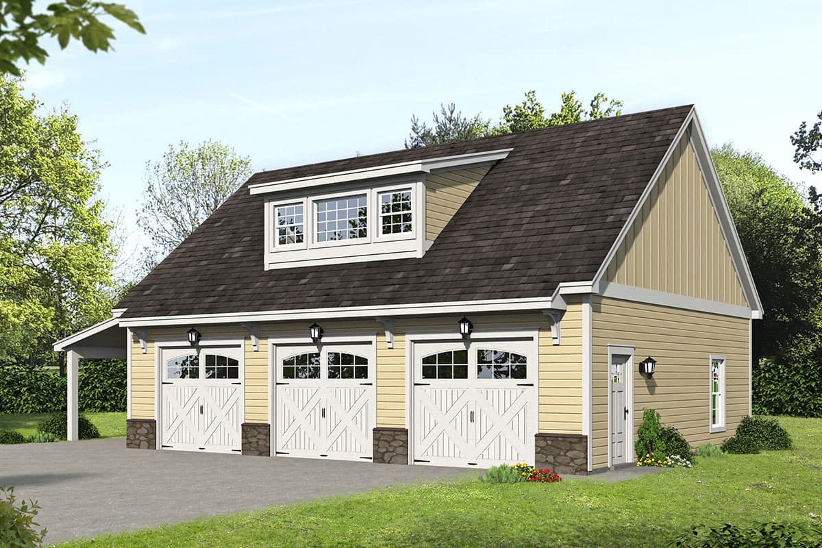 House plan exterior. Two-story structure with a gable roof, dormer, and three-car garage with overhead doors. Features include a side entry.