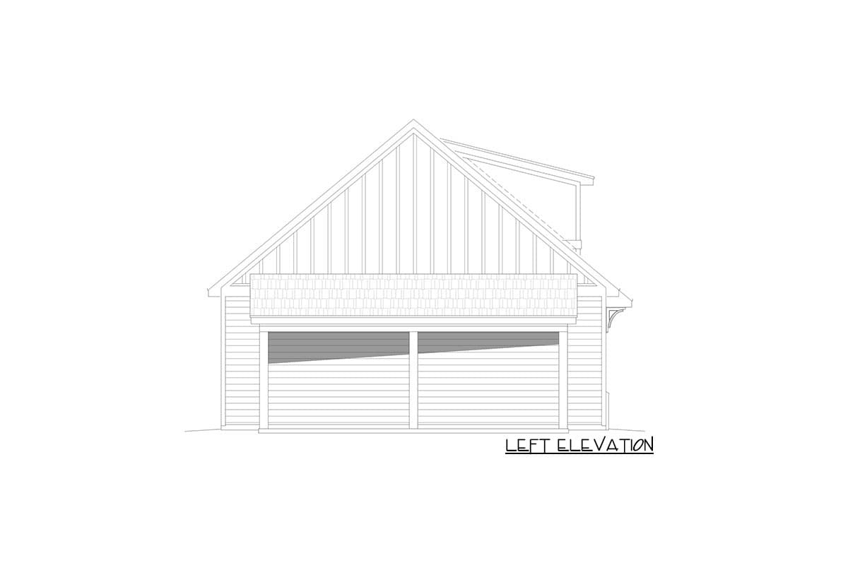 Left elevation drawing of a house plan featuring a gable roof, vertical siding, shingle accent, and a two-car garage.