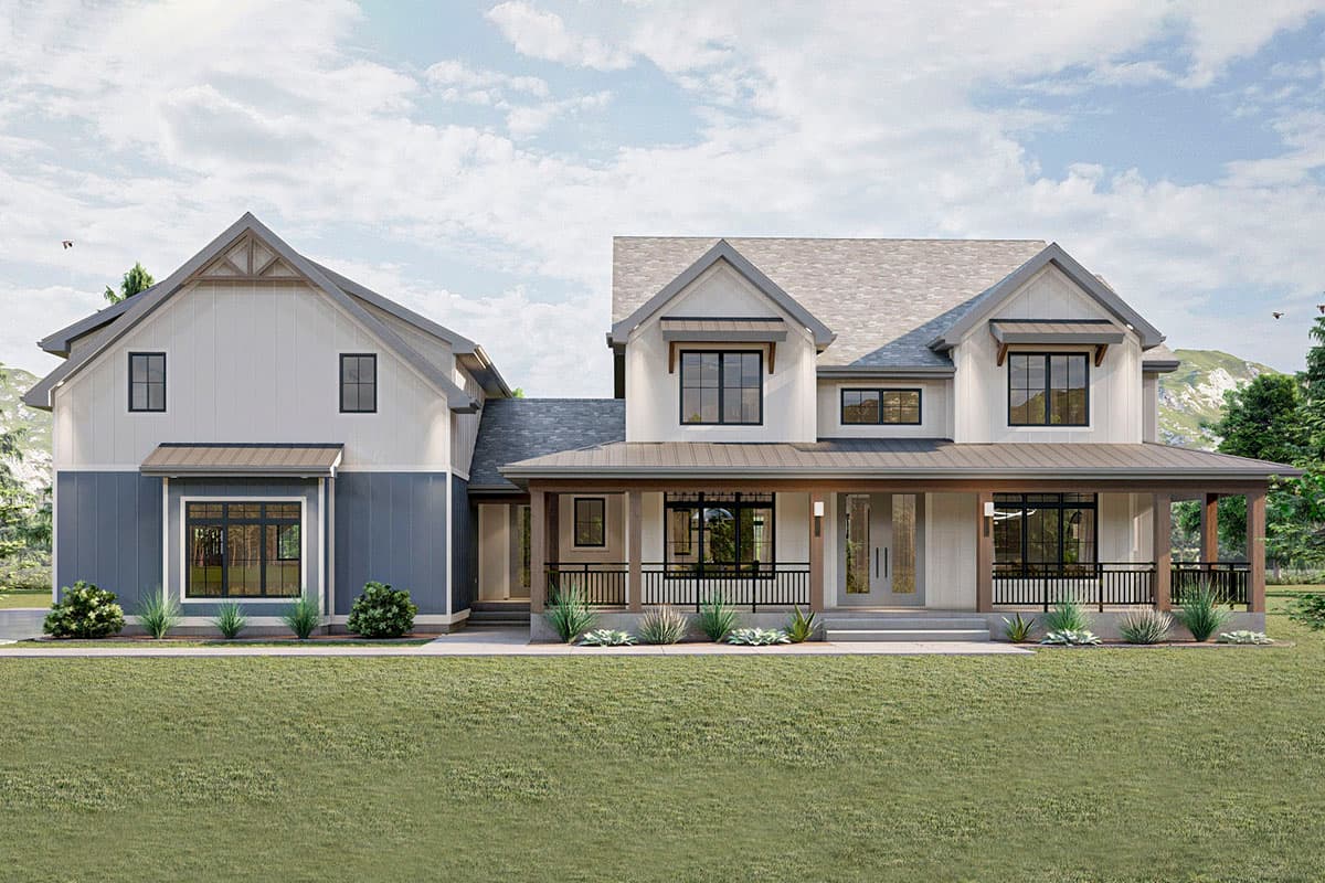 House plan exterior in a two-story farmhouse style. Features include a wrap-around porch, gabled rooflines, and dormers.
