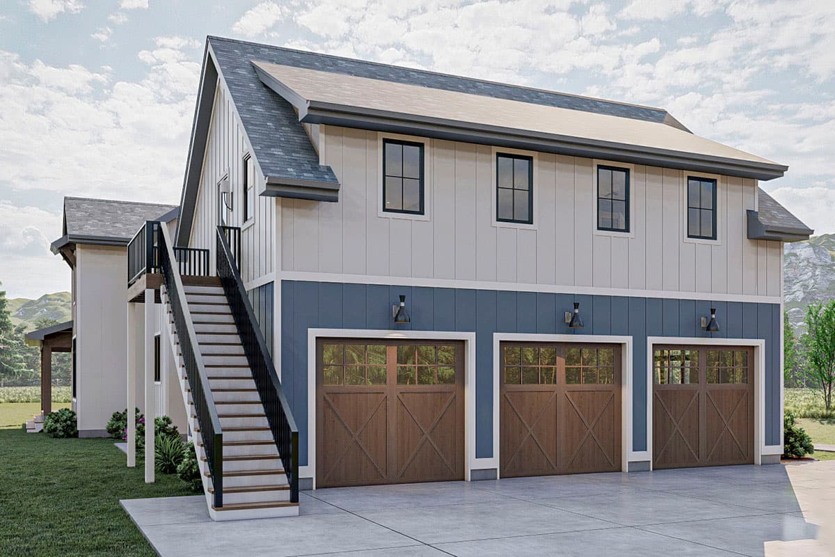 Modern Farmhouse house plan exterior with three garage doors, white vertical siding, blue horizontal siding, and an external staircase.