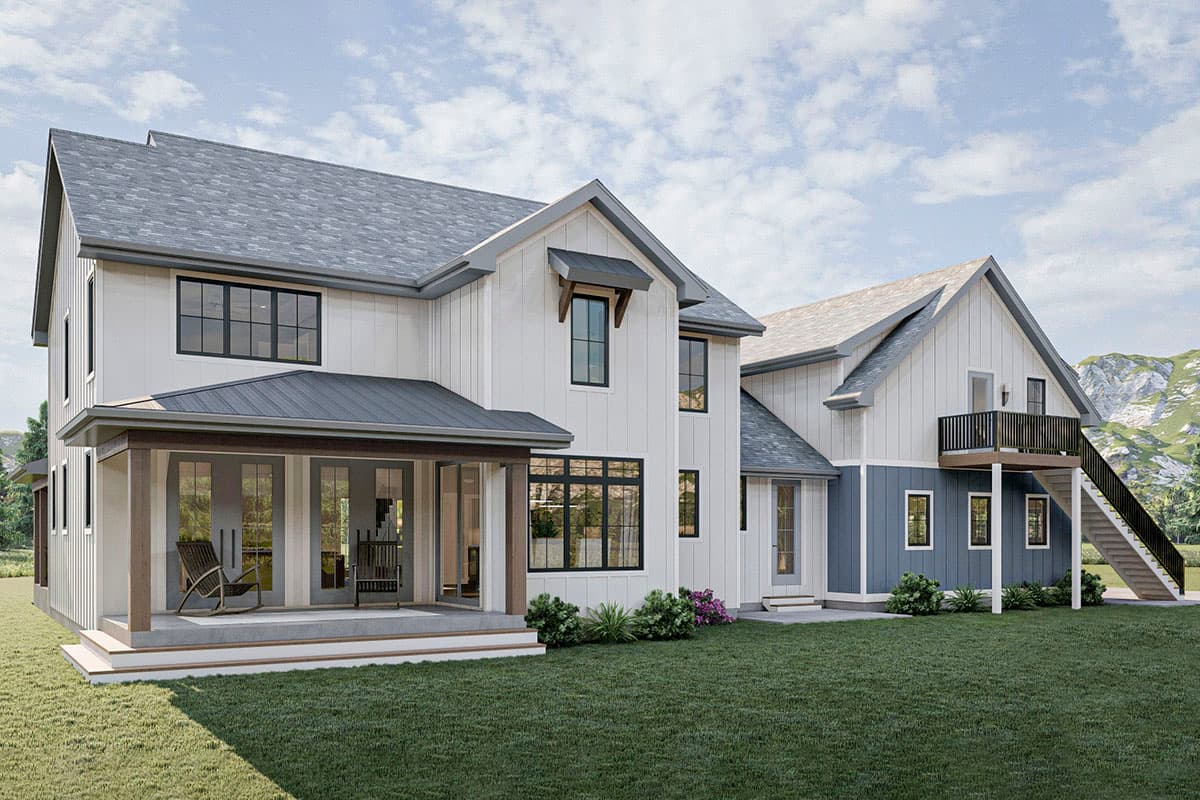 Modern Farmhouse house plan exterior with two stories, covered porch, gables, and second-story balcony with exterior stairs.