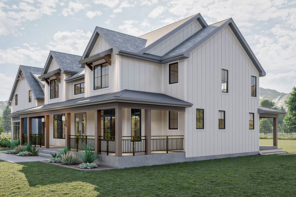 Modern Farmhouse house plan exterior with wrap-around porch, gables, and vertical siding.