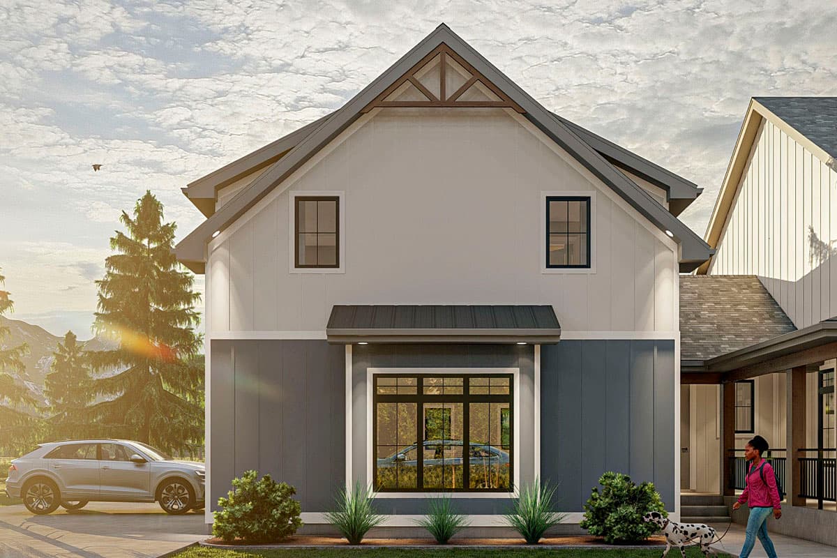 Modern Farmhouse house plan exterior with gabled roof, decorative gable brackets, and board and batten siding.