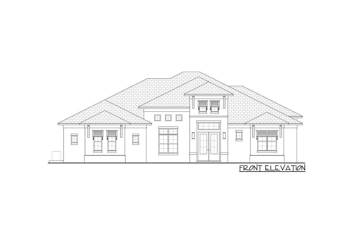Front elevation of a one-story house plan with a hipped roof, dormers, double entry doors, and multi-pane windows.