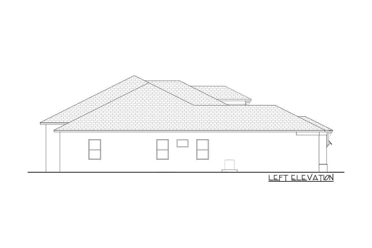 Left elevation drawing of a one-story house plan showing intersecting rooflines and three windows.