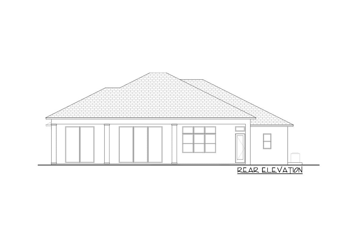 Rear elevation drawing of a house plan showing sliding glass doors, a grid window, and a door.