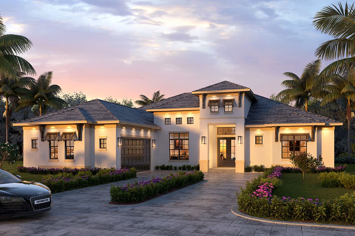 House plan exterior with stucco facade, two stories, gable roof, and attached garage. Includes transom windows and covered entry.