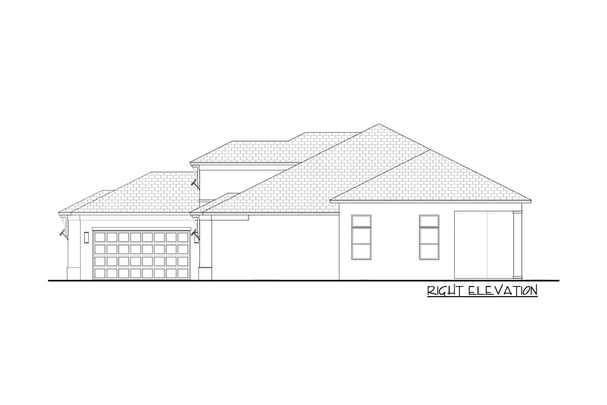 Right elevation house plan shows a two-story section, a hip roof, a multi-panel garage door, and three windows.