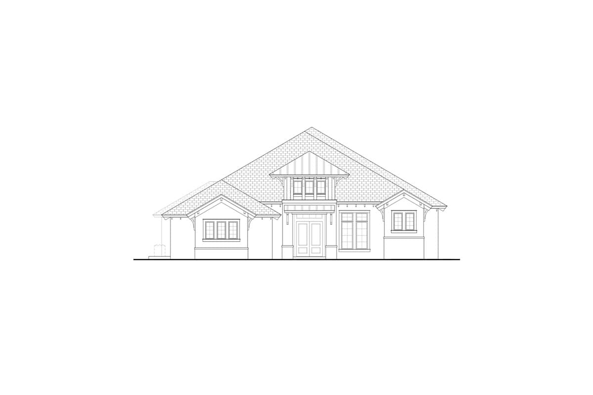 House plan exterior drawing of a one-story Modern Farmhouse with prominent gables, a covered entry, and multiple windows.