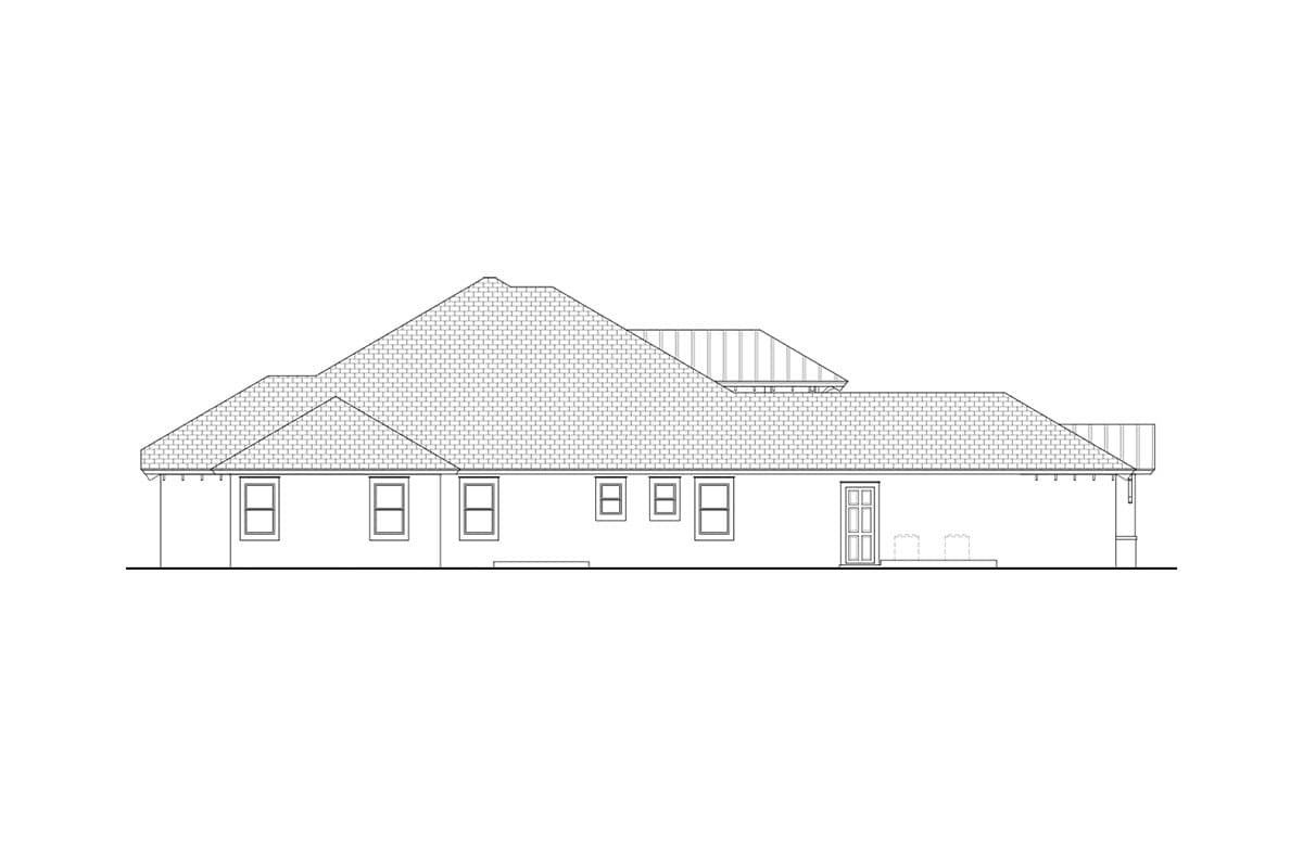 House plan exterior elevation. Single-story dwelling with a hipped roof, multiple gables, and a side entrance door.
