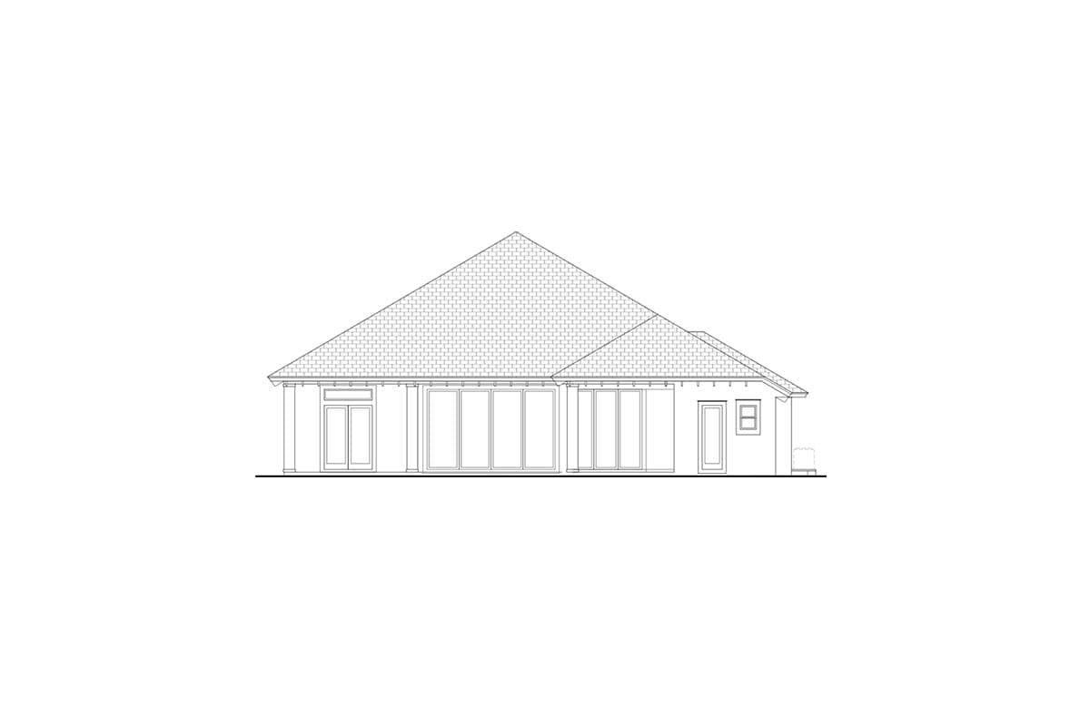 House plan exterior drawing with large glass doors, double doors, and a hipped roof.
