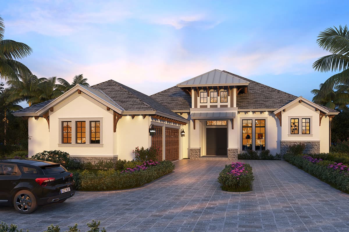 House plan exterior. Coastal-style home with multiple gables, a covered entry, and a two-car garage. Features a paver driveway.