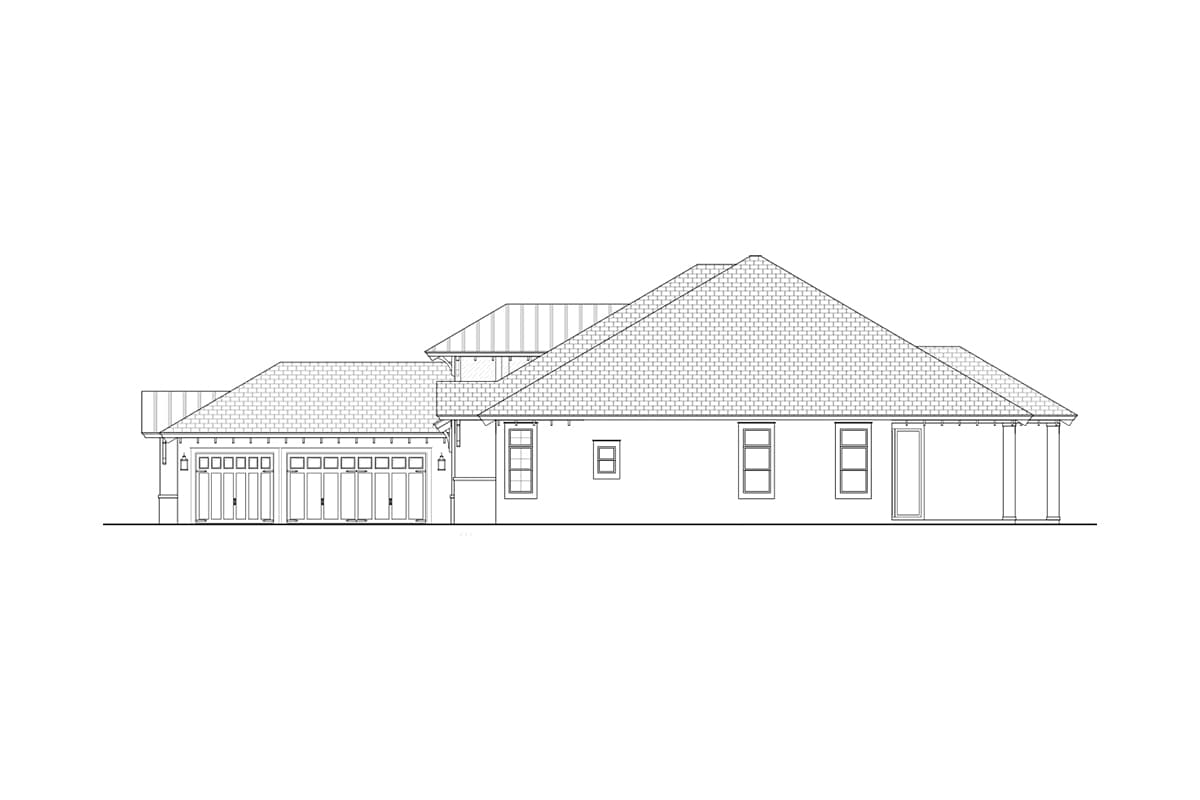House plan elevation drawing showing a side view with a four-car garage, multiple gables, and covered porch.